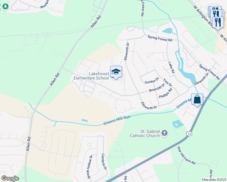map of restaurants, bars, coffee shops, grocery stores, and more near 3300 Briarcliff Drive in Greenville