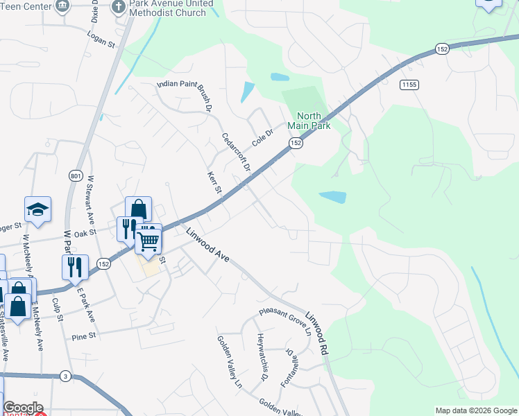 map of restaurants, bars, coffee shops, grocery stores, and more near 206 Kennerly Avenue in Mooresville