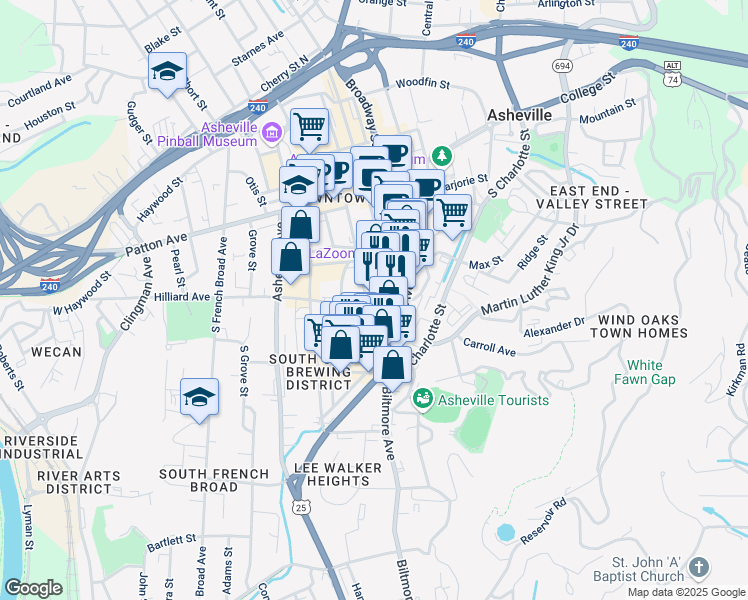 map of restaurants, bars, coffee shops, grocery stores, and more near 125 South Lexington Avenue in Asheville