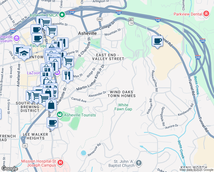 map of restaurants, bars, coffee shops, grocery stores, and more near 10 Alexander Drive in Asheville