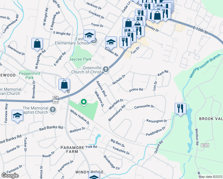 map of restaurants, bars, coffee shops, grocery stores, and more near 203 Templeton Drive in Greenville