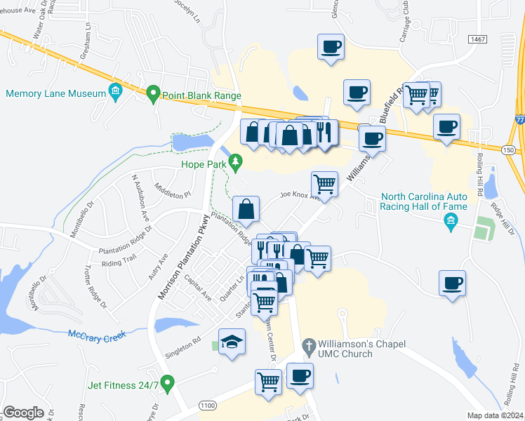 map of restaurants, bars, coffee shops, grocery stores, and more near Joe Knox Avenue in Mooresville