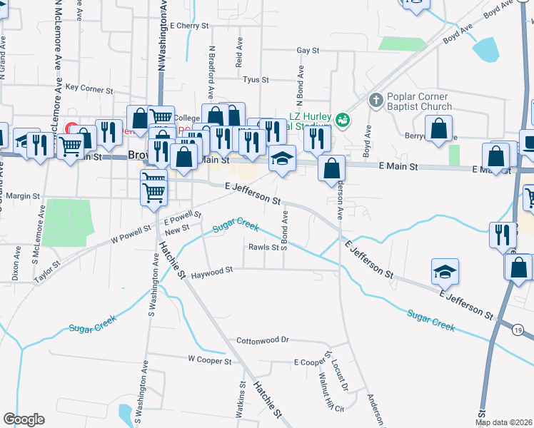 map of restaurants, bars, coffee shops, grocery stores, and more near 226 South Park Avenue in Brownsville