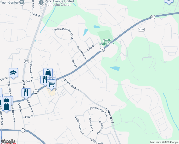 map of restaurants, bars, coffee shops, grocery stores, and more near 206 Kennerly Avenue in Mooresville