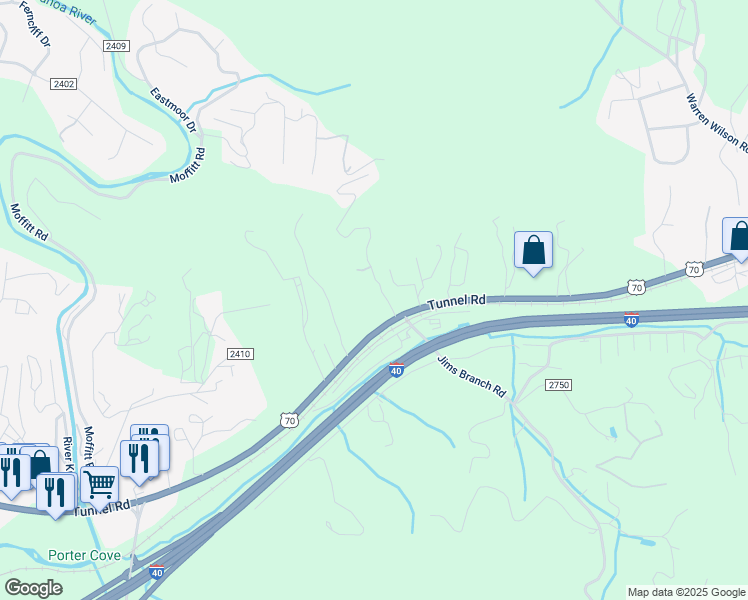 map of restaurants, bars, coffee shops, grocery stores, and more near 1670 Tunnel Road in Asheville
