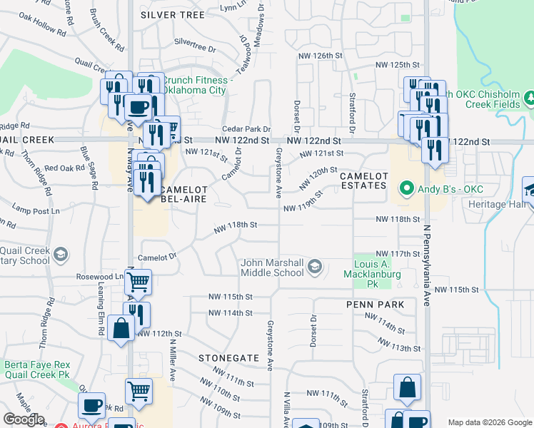 map of restaurants, bars, coffee shops, grocery stores, and more near 2505a Northwest 118th Street in Oklahoma City