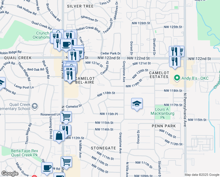 map of restaurants, bars, coffee shops, grocery stores, and more near 2524 Northwest 118th Street in Oklahoma City
