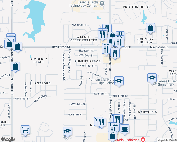 map of restaurants, bars, coffee shops, grocery stores, and more near 11712 Shasta Lane in Oklahoma City