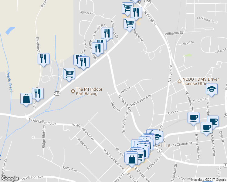 map of restaurants, bars, coffee shops, grocery stores, and more near 252 Bell Street in Mooresville