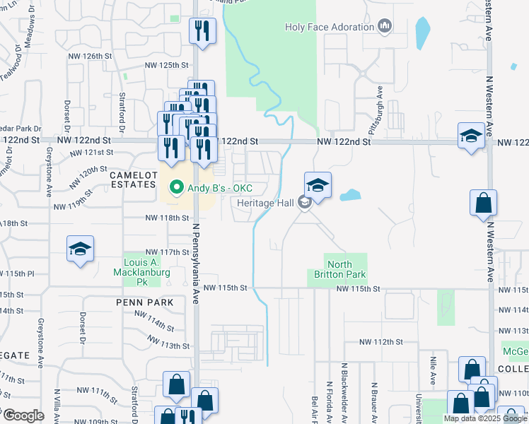 map of restaurants, bars, coffee shops, grocery stores, and more near 12200 Heritage Park Road in Oklahoma City