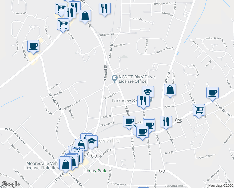 map of restaurants, bars, coffee shops, grocery stores, and more near 541 Walnut Street in Mooresville