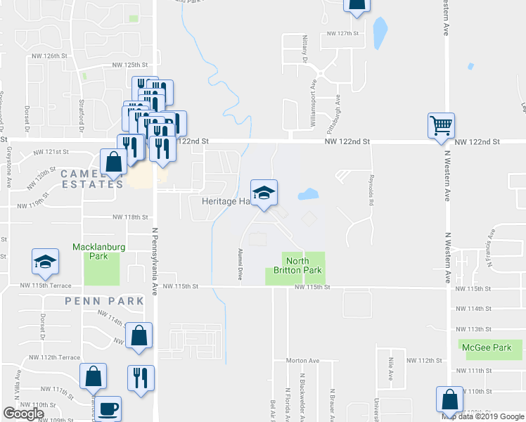 map of restaurants, bars, coffee shops, grocery stores, and more near 1800 Northwest 122nd Street in Oklahoma City