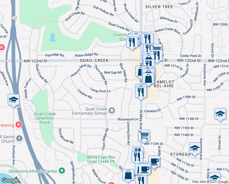 map of restaurants, bars, coffee shops, grocery stores, and more near 11904 Chestnut Ridge Road in Oklahoma City