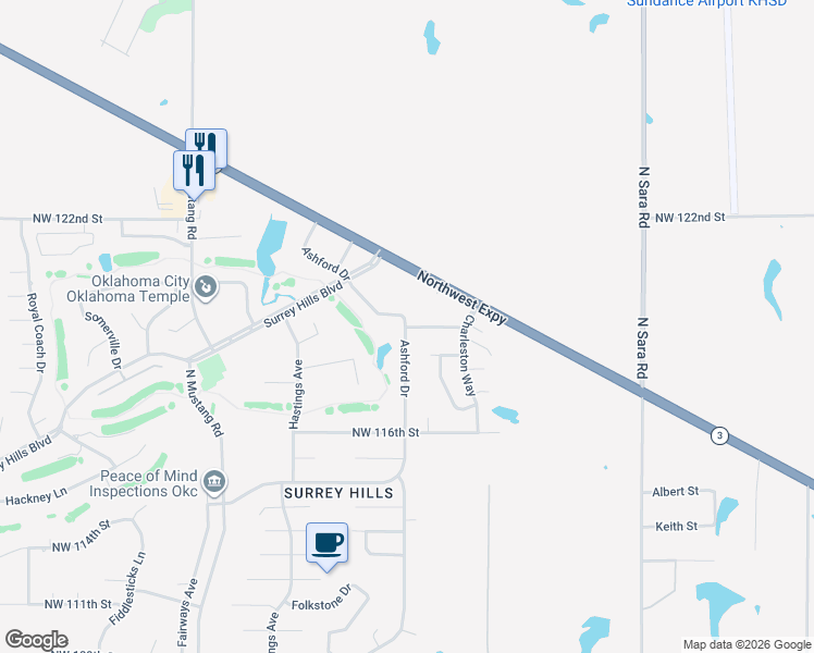 map of restaurants, bars, coffee shops, grocery stores, and more near 11909 Ashford Drive in Yukon