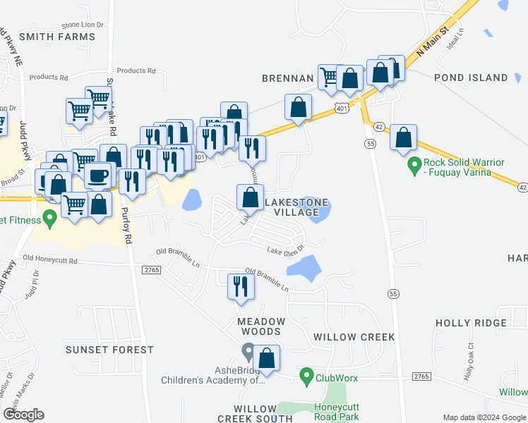 map of restaurants, bars, coffee shops, grocery stores, and more near 3212 Lake Glen Drive in Fuquay-Varina