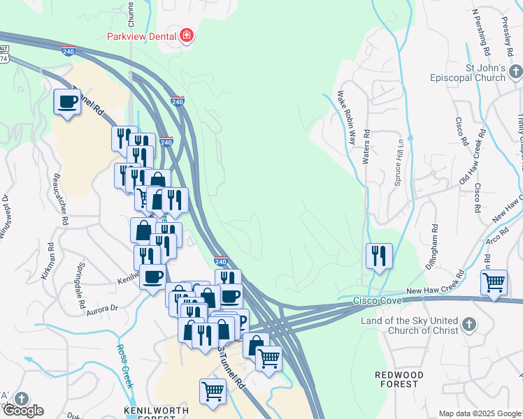 map of restaurants, bars, coffee shops, grocery stores, and more near 305 Piney Mountain Drive in Asheville