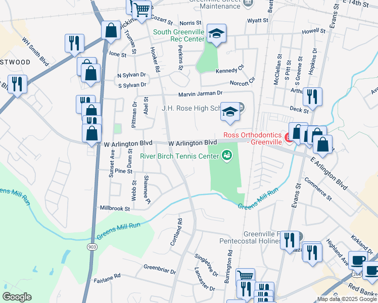 map of restaurants, bars, coffee shops, grocery stores, and more near 101 Lakeview Terrace in Greenville