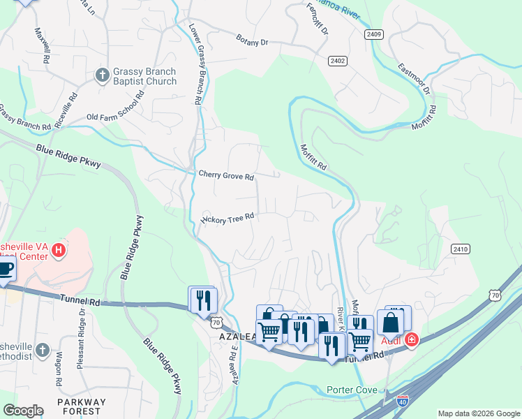 map of restaurants, bars, coffee shops, grocery stores, and more near 45 Shenandoah Road in Asheville