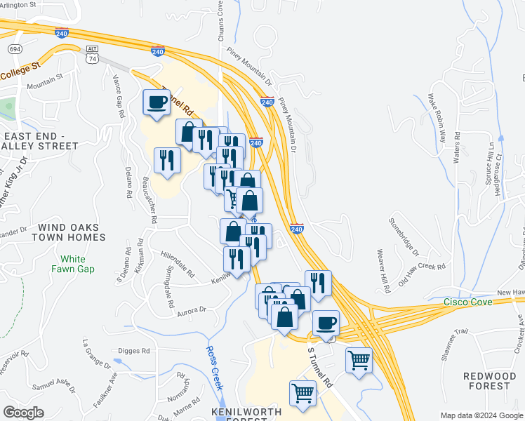 map of restaurants, bars, coffee shops, grocery stores, and more near 2 Kenilworth Knolls in Asheville