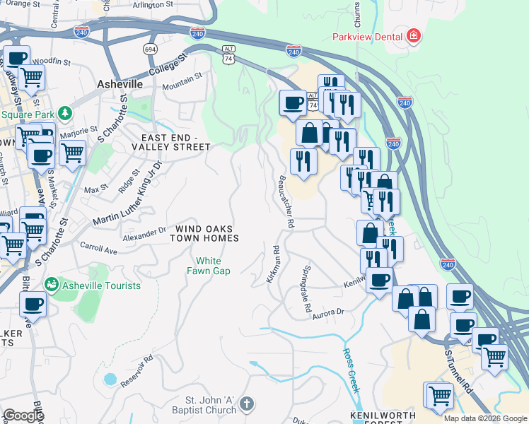 map of restaurants, bars, coffee shops, grocery stores, and more near 34 Delano Road in Asheville
