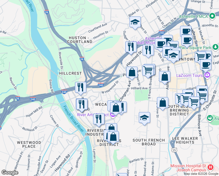 map of restaurants, bars, coffee shops, grocery stores, and more near 78 Owens Bell Lane in Asheville