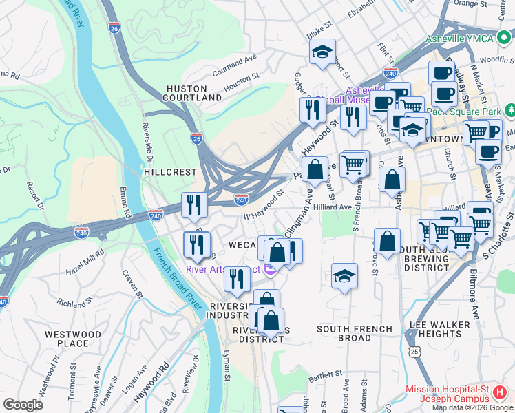 map of restaurants, bars, coffee shops, grocery stores, and more near 78 Owens Bell Lane in Asheville