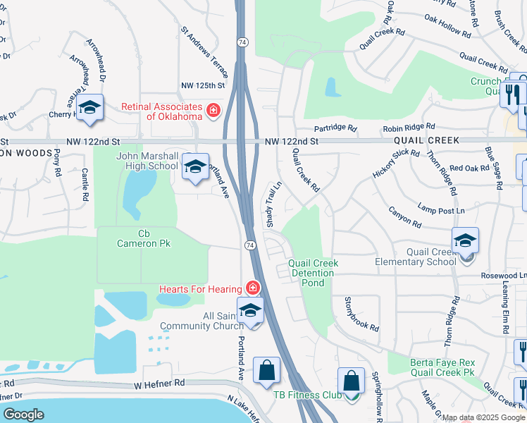 map of restaurants, bars, coffee shops, grocery stores, and more near 11903 Shady Trail Lane in Oklahoma City