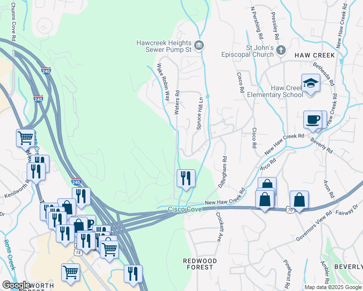 map of restaurants, bars, coffee shops, grocery stores, and more near 154 Old Haw Creek Road in Asheville