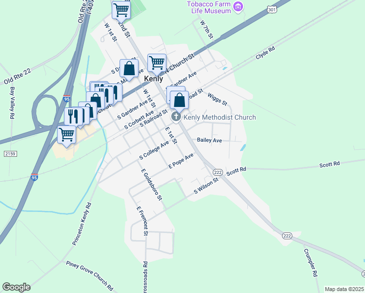 map of restaurants, bars, coffee shops, grocery stores, and more near 306 E 1st St in Kenly