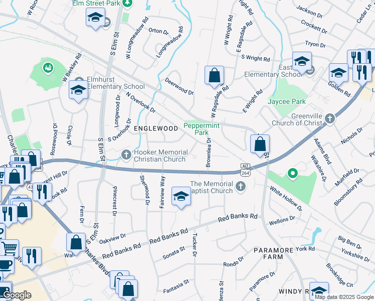 map of restaurants, bars, coffee shops, grocery stores, and more near 1742 Beaumont Drive in Greenville