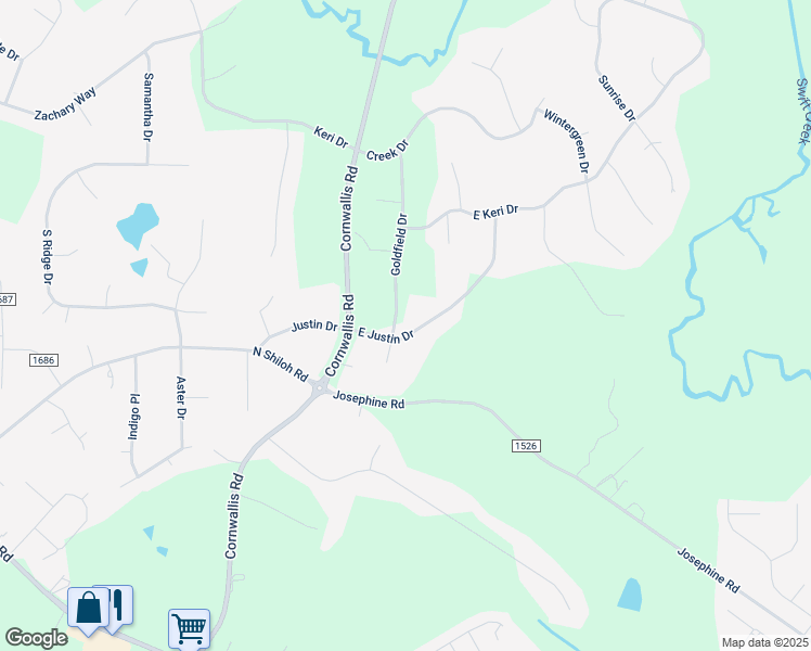 map of restaurants, bars, coffee shops, grocery stores, and more near 1019 East Justin Drive in Garner