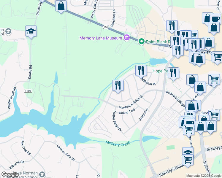 map of restaurants, bars, coffee shops, grocery stores, and more near 228 Montibello Drive in Mooresville