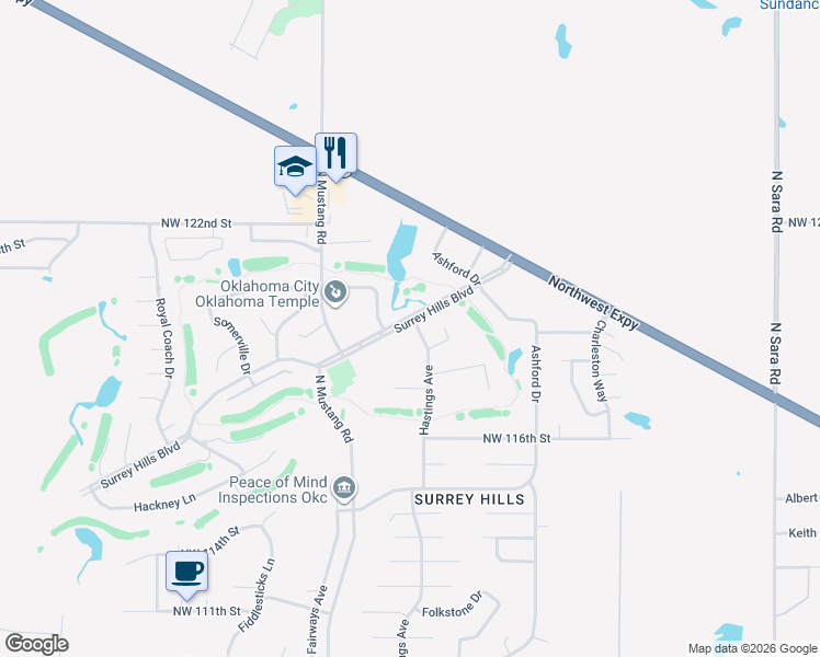map of restaurants, bars, coffee shops, grocery stores, and more near 11203 Surrey Hills Boulevard in Yukon