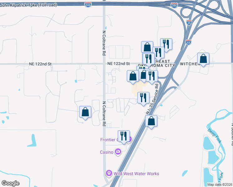 map of restaurants, bars, coffee shops, grocery stores, and more near 12100 Woodland Hills Way in Oklahoma City
