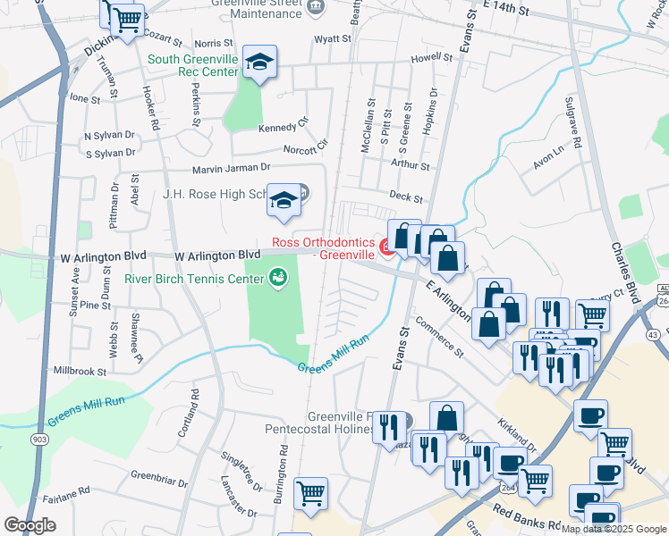 map of restaurants, bars, coffee shops, grocery stores, and more near 2208 University Suites Drive in Greenville