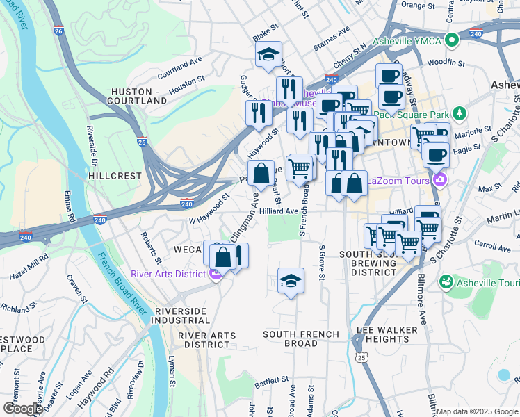 map of restaurants, bars, coffee shops, grocery stores, and more near 343 Hilliard Avenue in Asheville