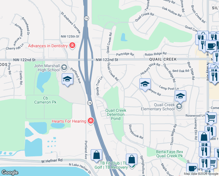 map of restaurants, bars, coffee shops, grocery stores, and more near 12001 Quail Creek Road in Oklahoma City