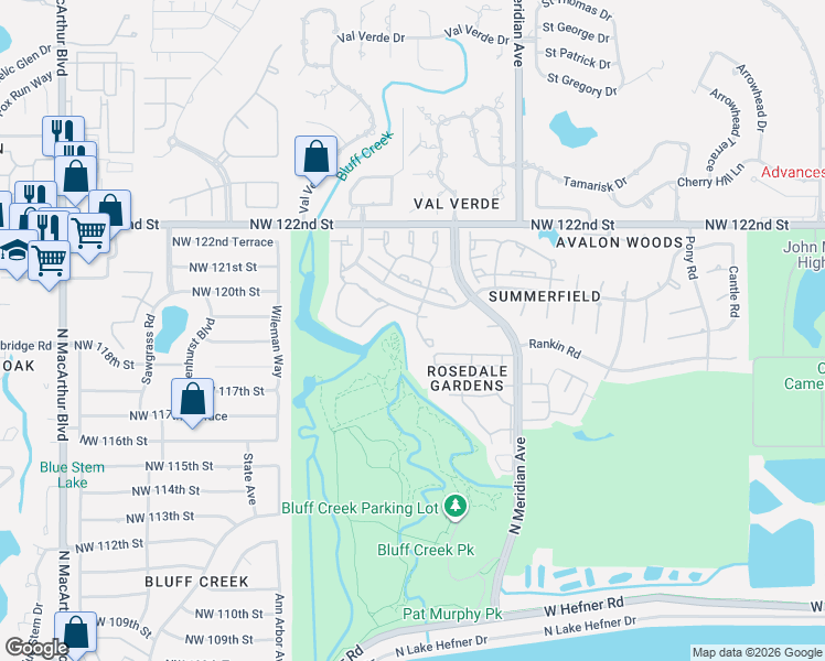 map of restaurants, bars, coffee shops, grocery stores, and more near 4601 Hemlock Lane in Oklahoma City