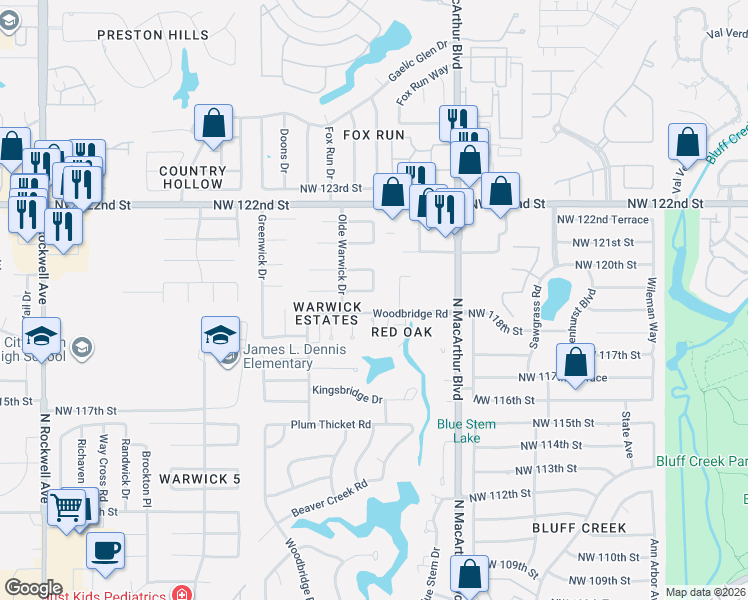 map of restaurants, bars, coffee shops, grocery stores, and more near 6100 Sudbury Drive in Oklahoma City