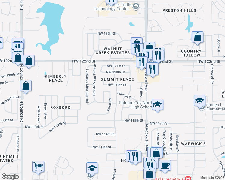 map of restaurants, bars, coffee shops, grocery stores, and more near 7321 Northwest 118th Street in Oklahoma City