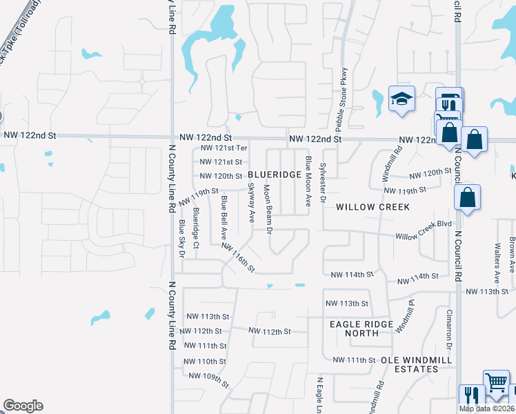 map of restaurants, bars, coffee shops, grocery stores, and more near 12000 Moon Beam Drive in Oklahoma City