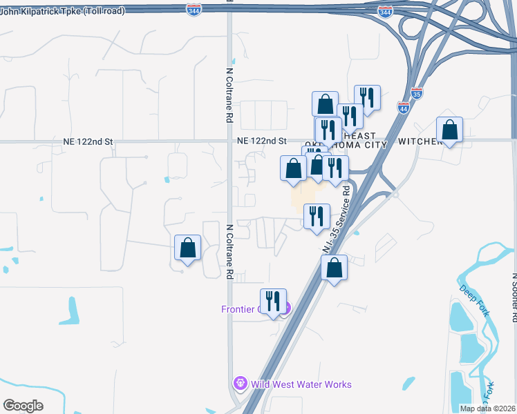 map of restaurants, bars, coffee shops, grocery stores, and more near 12100 Woodland Hills Way in Oklahoma City