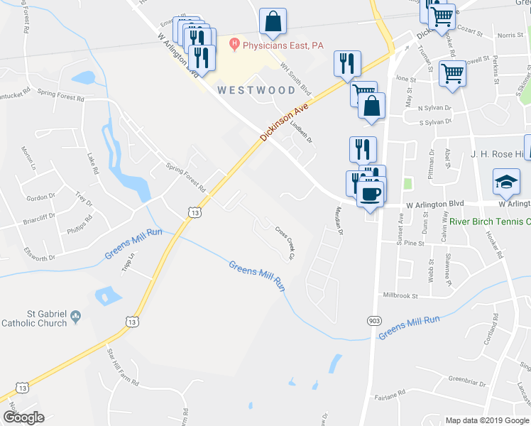 map of restaurants, bars, coffee shops, grocery stores, and more near 1213 Cross Creek Circle in Greenville