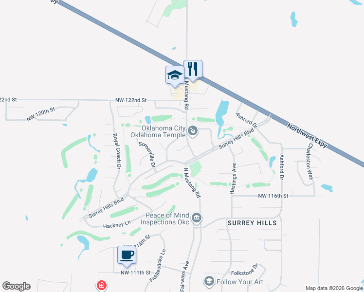 map of restaurants, bars, coffee shops, grocery stores, and more near 11408 Carriage Drive in Yukon