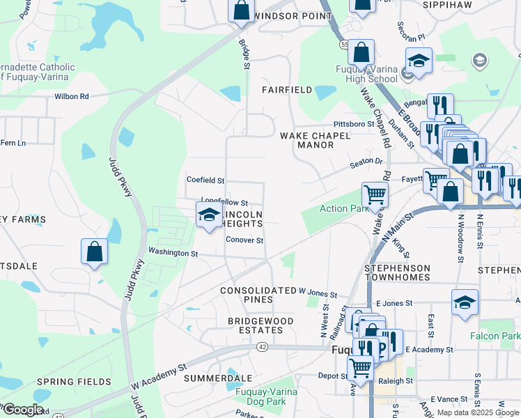 map of restaurants, bars, coffee shops, grocery stores, and more near 401 Longfellow Street in Fuquay-Varina