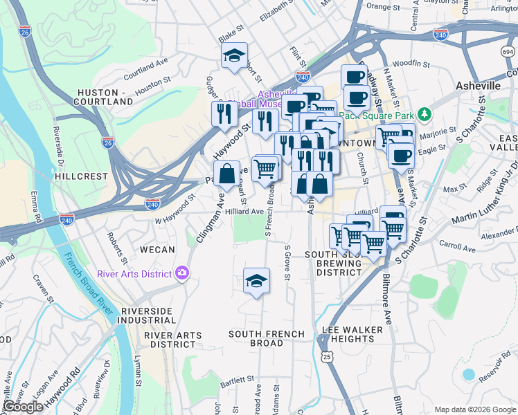 map of restaurants, bars, coffee shops, grocery stores, and more near 53 South French Broad Avenue in Asheville