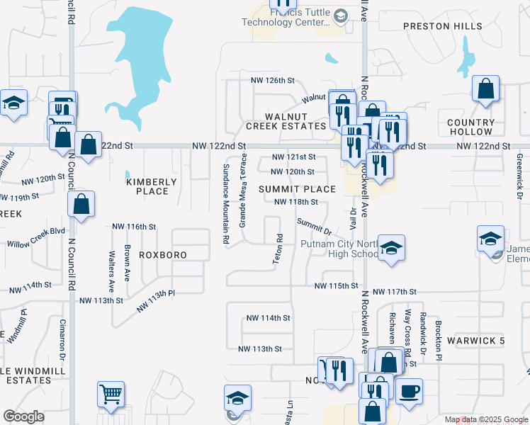 map of restaurants, bars, coffee shops, grocery stores, and more near 7321 Northwest 118th Street in Oklahoma City