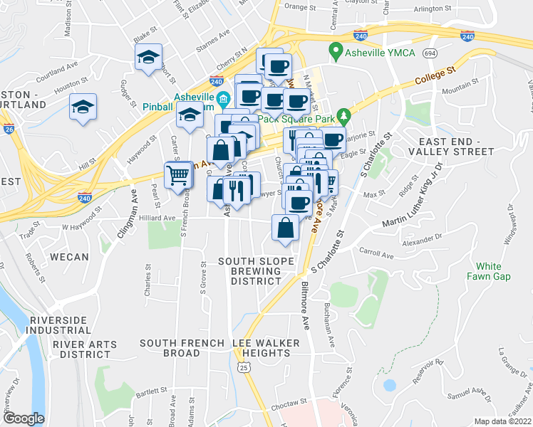 map of restaurants, bars, coffee shops, grocery stores, and more near 29 Ravenscroft Drive in Asheville