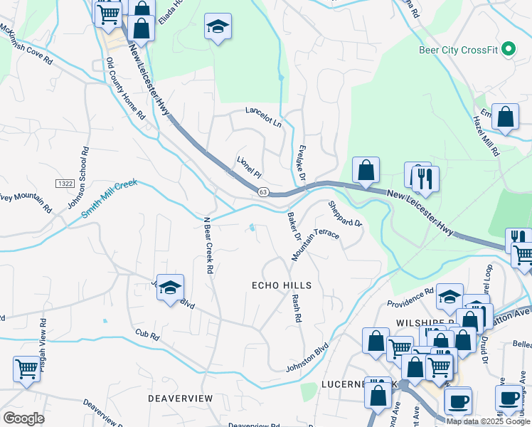 map of restaurants, bars, coffee shops, grocery stores, and more near 208 New Leicester Highway in Asheville