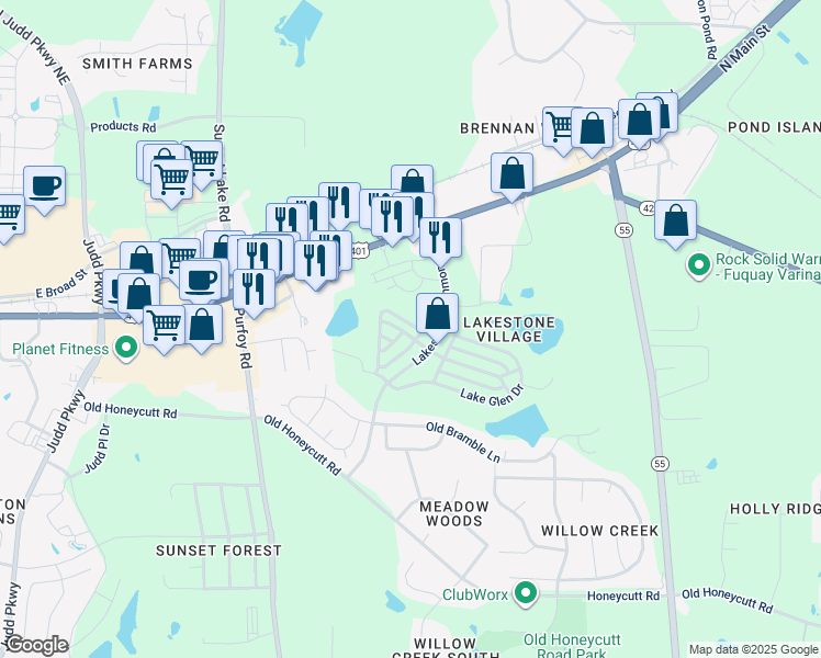 map of restaurants, bars, coffee shops, grocery stores, and more near 1404 Lakestone Village Lane in Fuquay-Varina